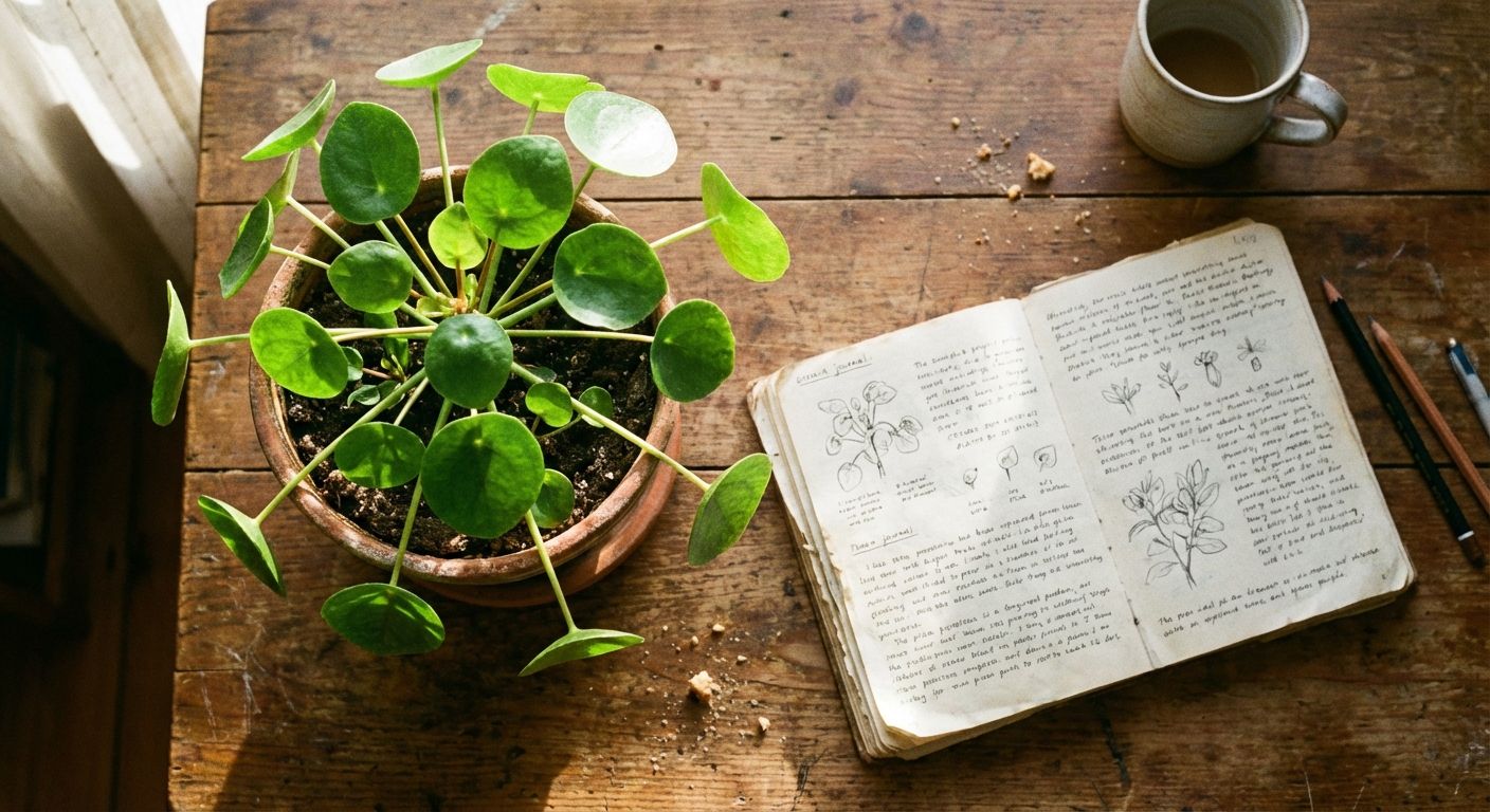 A close-up, top-down photograph of a vibrant, healthy green plant in a terracotta pot, placed on a sturdy wooden desk next to an open, well-worn textbook or notebook. Soft, natural sunlight streams in from a window, illuminating the fresh leaves and the texture of the pages, creating a calm and focused atmosphere.
