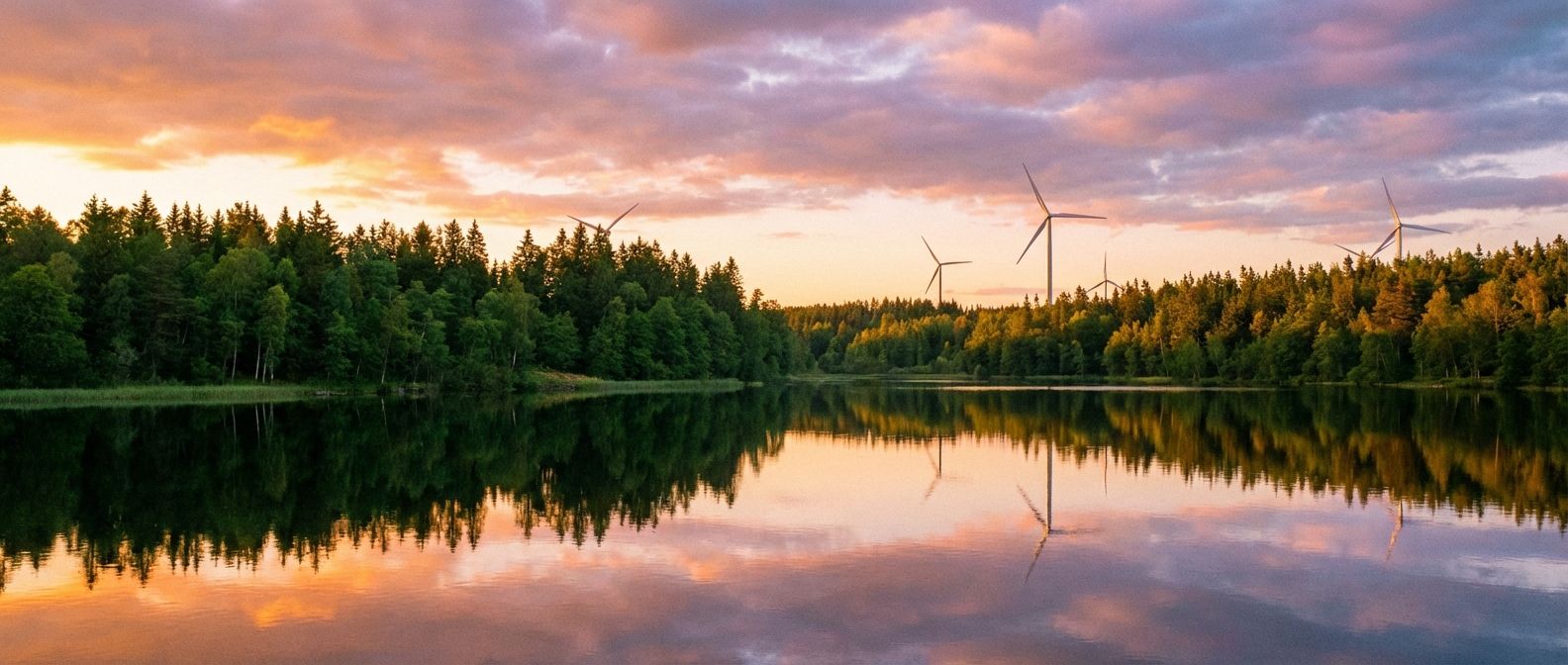 A breathtaking wide-angle photograph capturing a pristine natural landscape, where a lush forest meets a clear lake under a vibrant sky. In the gentle distance, modern wind turbines subtly rise above the trees, bathed in the soft glow of golden hour, symbolizing harmony between nature and sustainable technology.