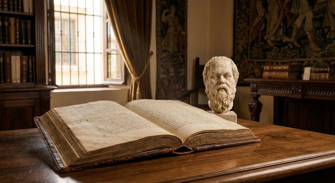 A close-up, atmospheric photograph of an old, leather-bound book open on a polished wooden table, alongside a classical small stone sculpture, bathed in soft, warm natural light filtering into an elegant, Spanish-style study.