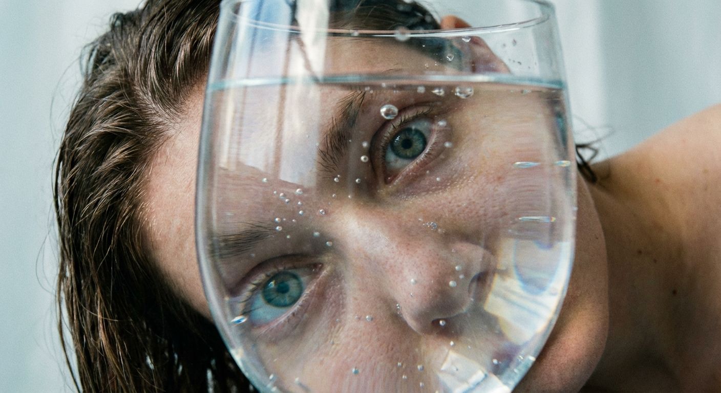 A close-up, dramatic photograph of a person's face partially submerged in a large, clear glass of water, with their eyes wide open, conveying a sense of surreal struggle. The lighting should be soft and ethereal, highlighting the water's clarity and the person's expression.