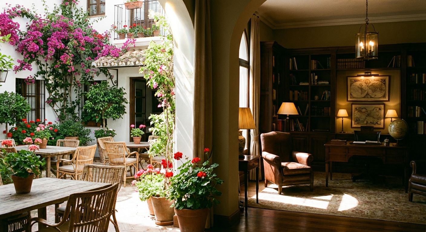 A vivid photograph showcasing a vibrant, sun-drenched Spanish courtyard with colorful flowers and casual seating, juxtaposed with the elegant, softly lit interior of a traditional Spanish study or office, subtly illustrating the contrast between informal and formal settings.
