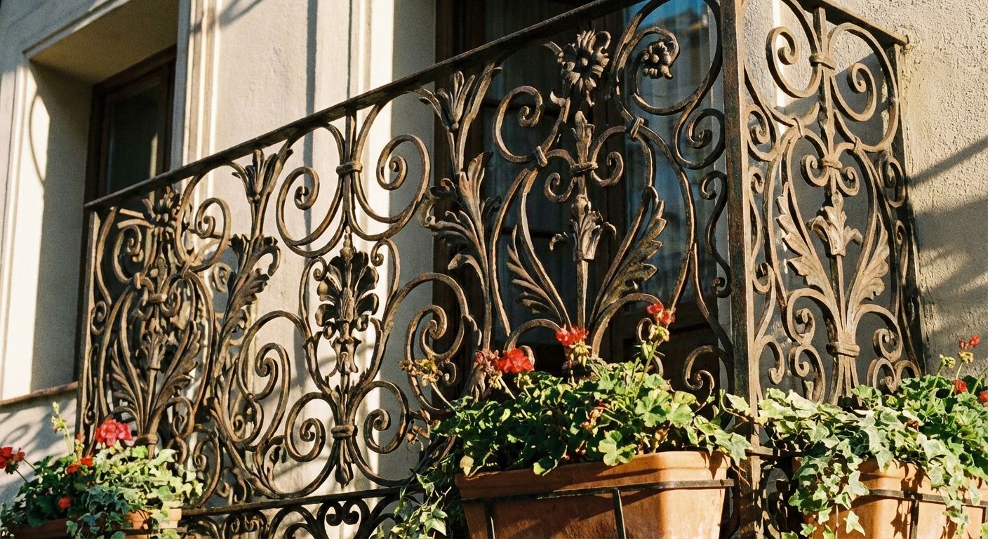 A close-up, high-detail photograph of an ornate, traditional Spanish wrought iron balcony railing (reja) with intricate, swirling patterns. Warm sunlight casts sharp shadows and highlights the delicate craftsmanship, emphasizing complexity and mastery.