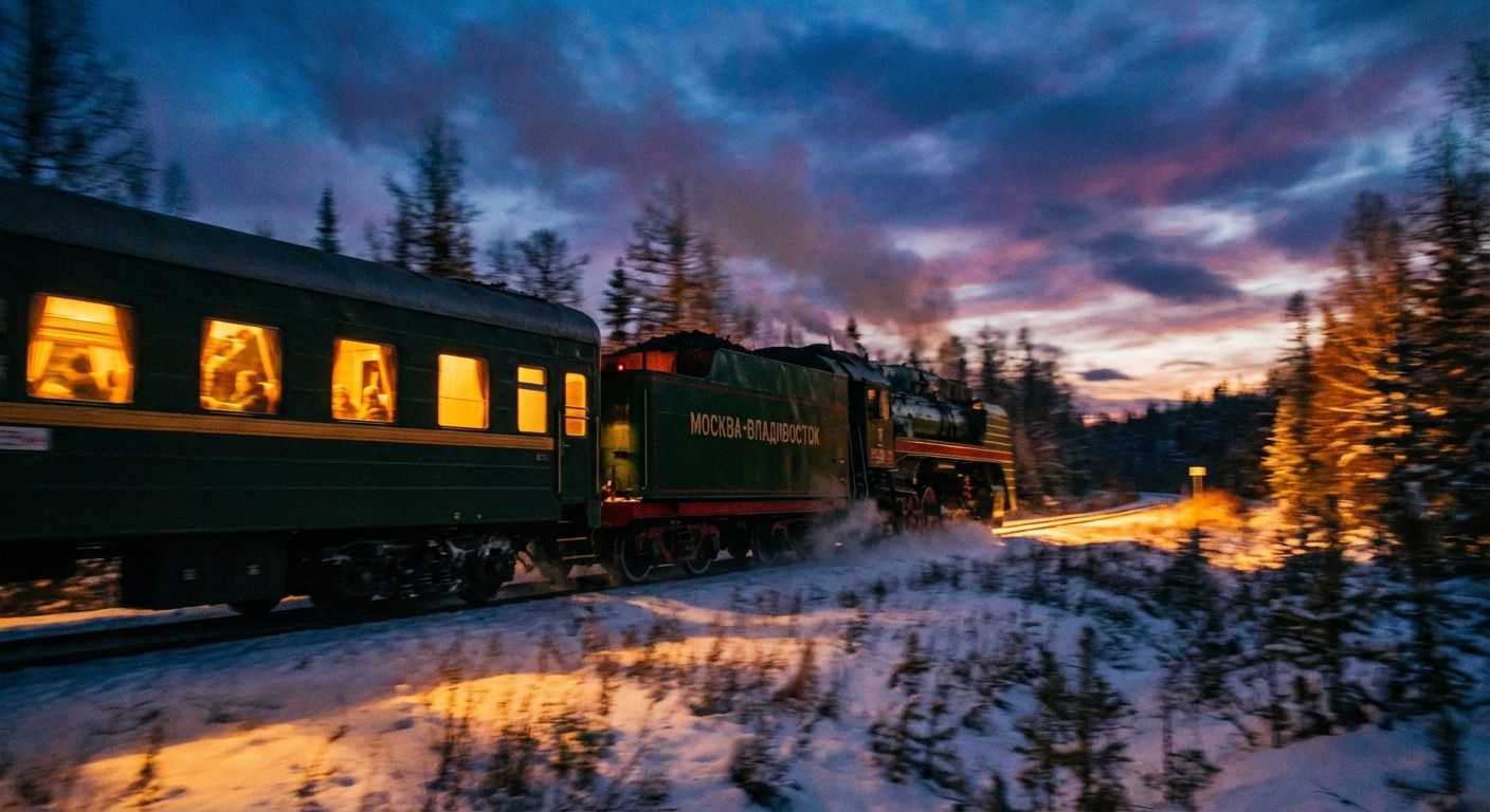 A vintage Russian train car moves through a snow-dusted forest at dusk, with warm light emanating from its windows, capturing a sense of a long journey and progression. The dramatic twilight sky frames the scene, with many trees blurring past the train.