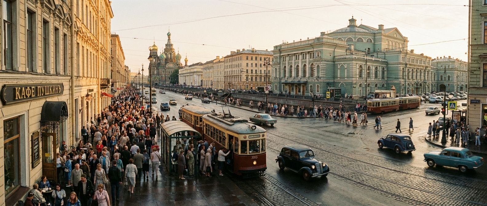 A wide-angle photograph of a bustling street scene in a historic Russian city at golden hour. People are walking in various directions on the sidewalks, some approaching a grand building, others exiting a cafe, while cars and trams move along the street, arriving at stops and departing from intersections. The scene is full of dynamic movement and activity, lit by warm, soft light.