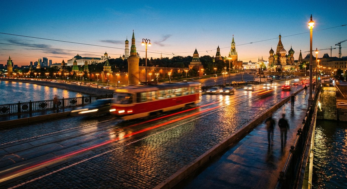 A dramatic long exposure photograph of a red vintage Russian tram, blurred in motion, crossing a historic stone bridge over a river in a bustling city at dusk. The city lights reflect on the wet cobblestones, creating a vibrant, atmospheric scene.