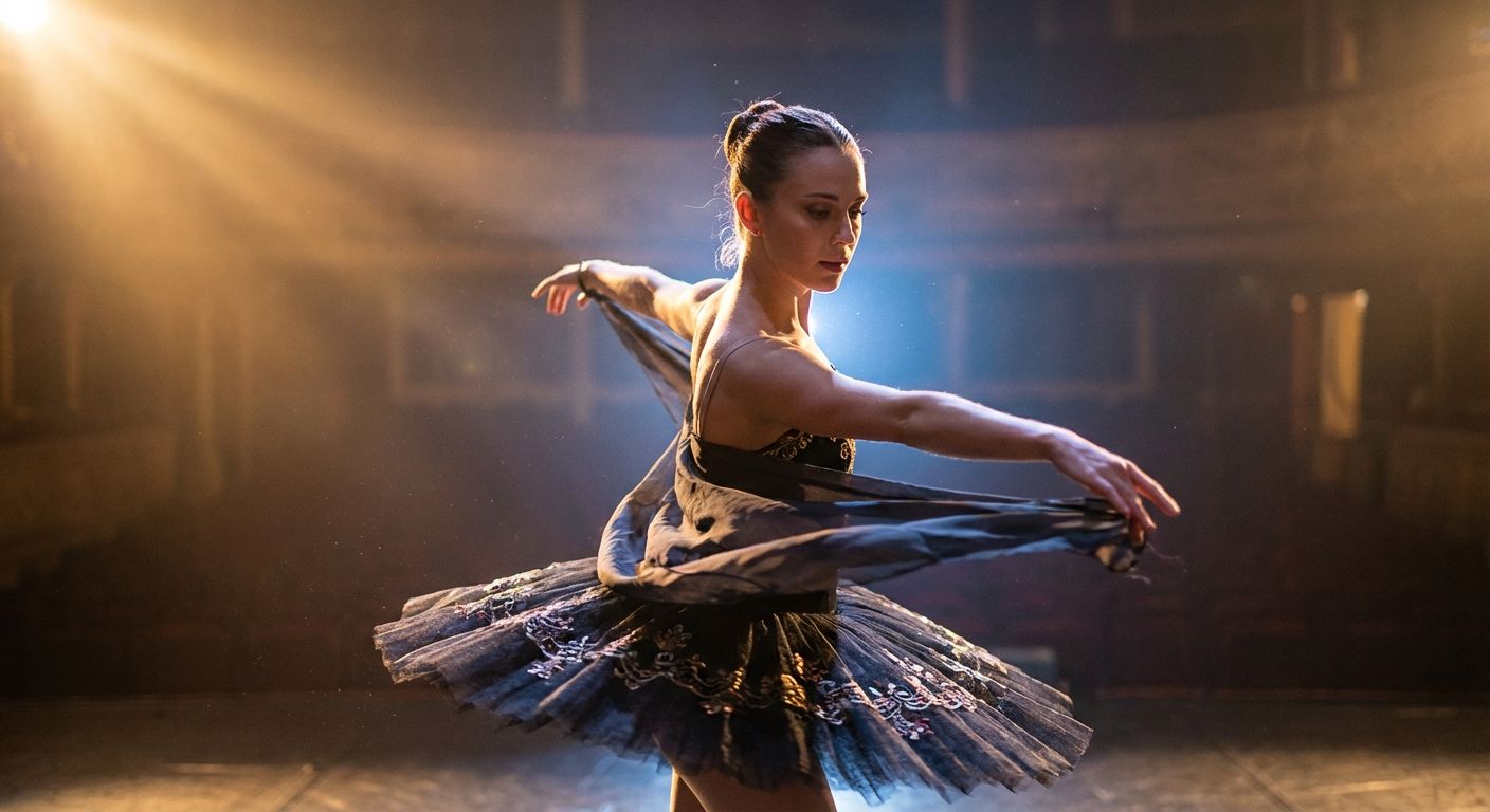 A dramatic, close-up photograph of a professional Russian ballet dancer in mid-movement, captured under ethereal stage lighting. The dancer's fluid form and elegant pose convey the intricate connection and seamless progression of simultaneous and sequential actions, with a sense of grace and precision.