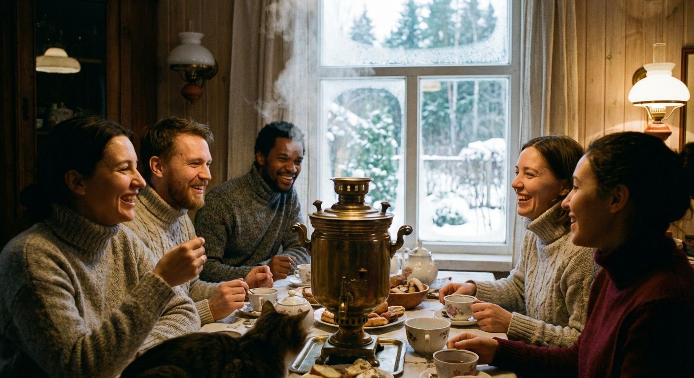 A candid, low-angle photograph captures a vibrant conversation among a diverse group of friends gathered around a steaming samovar in a warmly lit, traditional Russian dacha. Soft light filters through a window, revealing hints of a snowy landscape outside, creating a beautiful contrast between the cozy interior and the winter chill.