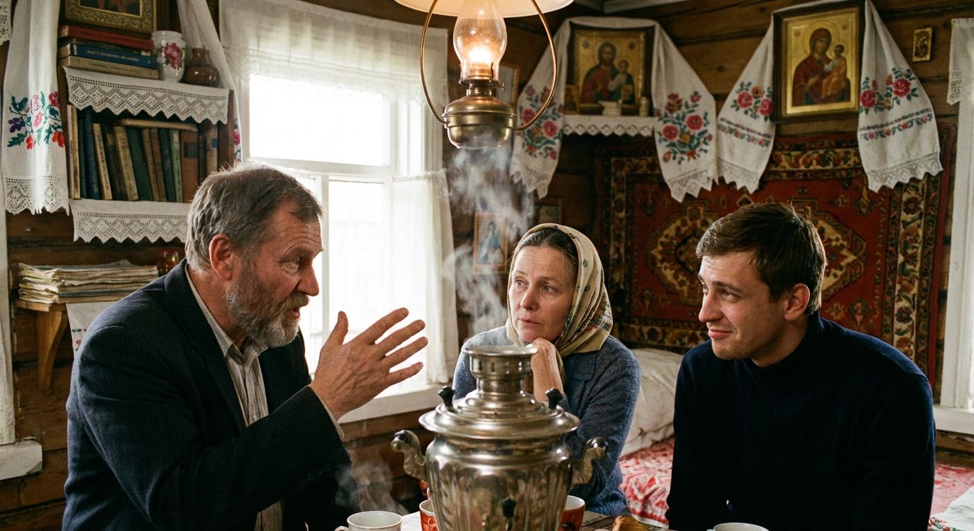A candid, dramatic photograph capturing a moment of deep conversation between two or three people in a cozy, culturally rich Russian setting, perhaps around a samovar or in a traditional dacha. Their subtle expressions convey a spectrum of complex emotions and character traits, from thoughtful sincerity to a hint of spirited disagreement, illuminated by warm, inviting light.