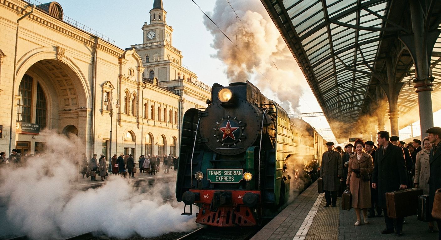 A dramatic, low-angle photograph of a classic Russian train pulling into a grand, ornate station, steam rising, with passengers on the platform. The scene is bathed in the warm glow of late afternoon sun, conveying a sense of journey and arrival.