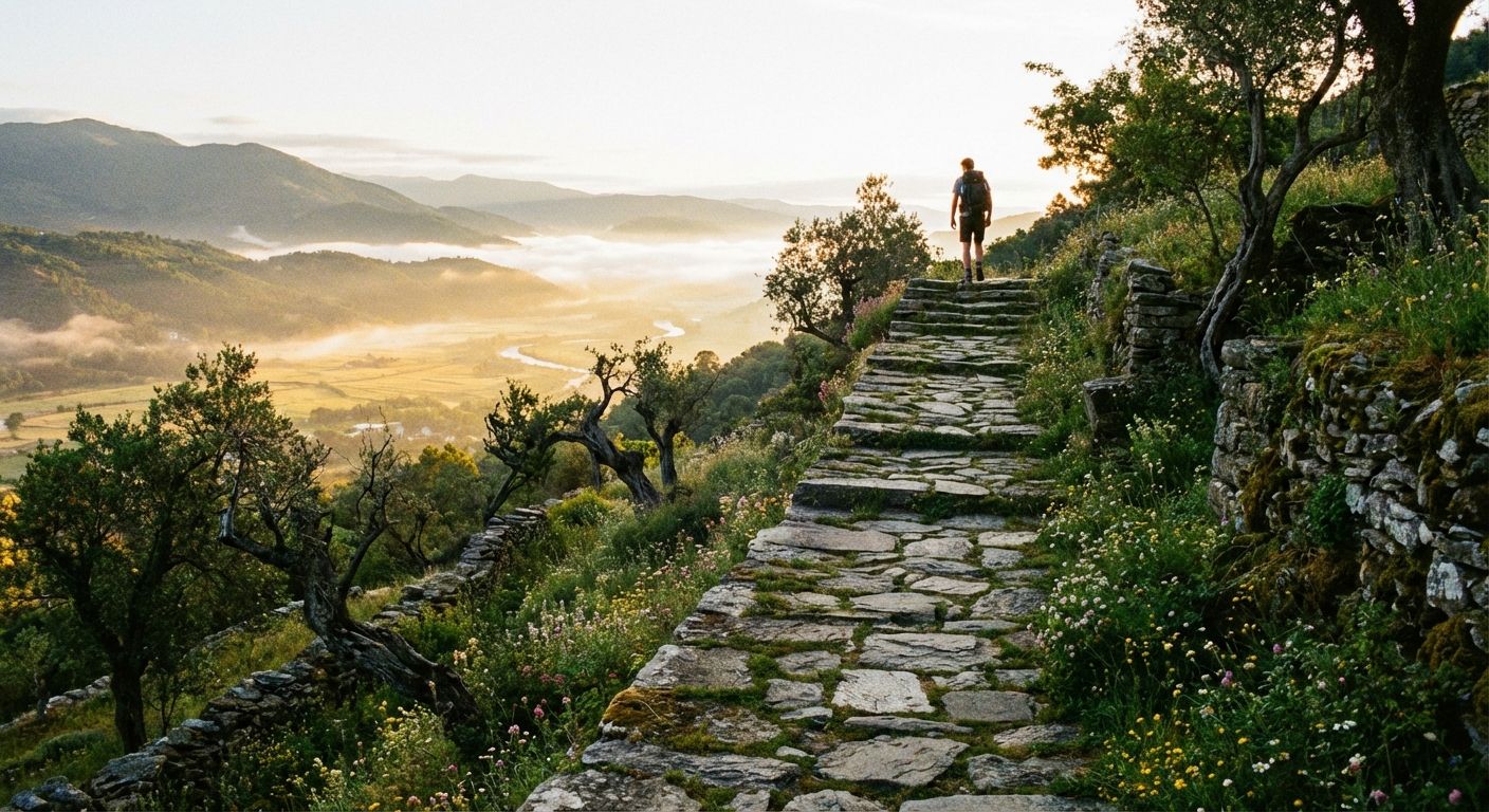 A winding stone path ascends a verdant hillside, culminating in a breathtaking panoramic view of a vast, sunlit valley. The scene captures a sense of journey, progression, and the clarity of reaching a high vantage point, bathed in the soft light of dawn.