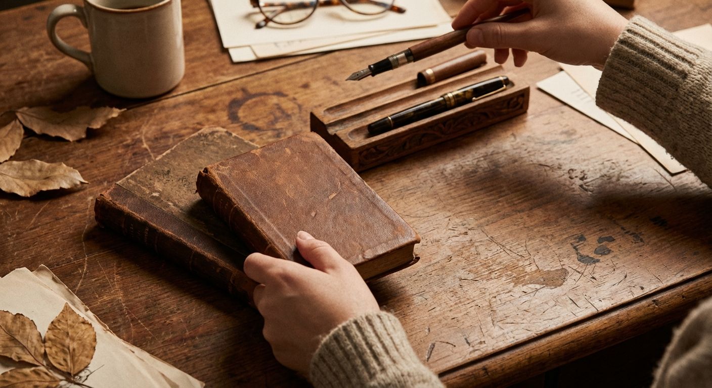 A close-up, top-down photograph of a cozy wooden study desk. A hand is gently placing a small, old leather-bound book onto the desk surface, while another book rests statically on the desk. In the background, a hand is placing a pen into a wooden pen holder, while another pen is already resting inside it, all bathed in warm, soft light that highlights the textures.