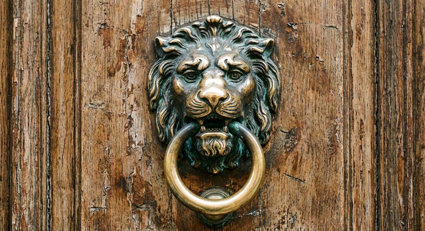 A detailed, close-up photograph of an ornate, antique brass door knocker shaped like a lion's head on a weathered wooden door. The knocker is slightly polished from use, hinting at the history and ownership of the house.