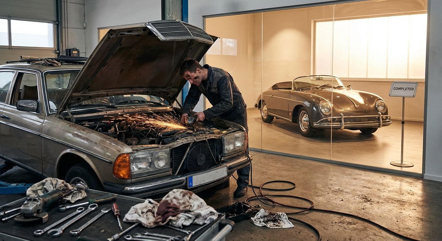 A dynamic photograph inside a car repair shop, showcasing two distinct scenes. In the foreground, a car is actively undergoing repairs with tools scattered around and a mechanic at work, while in the background, a different car stands gleaming and perfectly restored, bathed in soft, completed light.