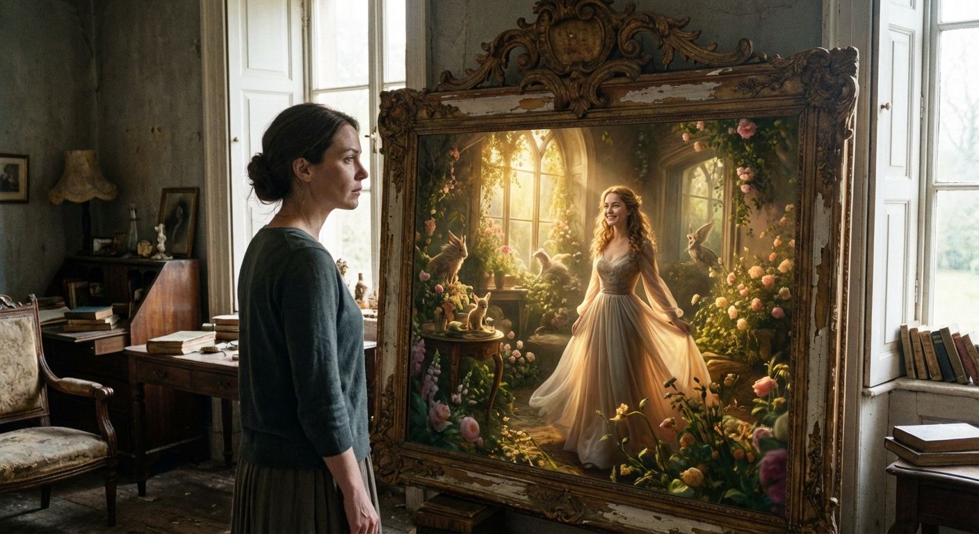 A person stands looking into a large, antique mirror. The reflection in the mirror subtly depicts a different, more vibrant or fantastical version of the room and the person, suggesting an alternate reality or a wish. The scene is bathed in soft, contemplative light.