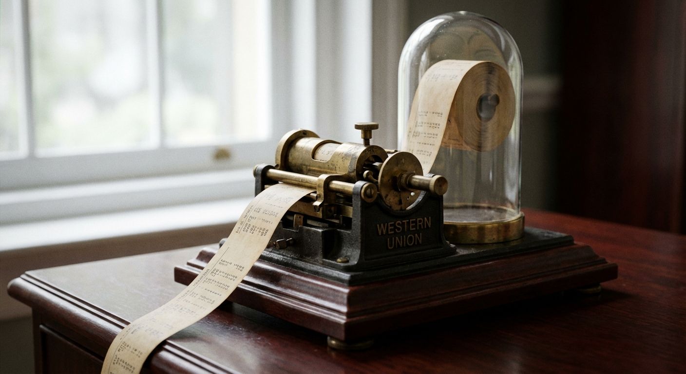 A close-up photograph of a vintage ticker tape machine, with a roll of paper slowly feeding through and displaying unreadable text. The machine rests on a dark, polished wooden surface, bathed in soft, diffused light, evoking a sense of formal, historical communication and information dissemination.