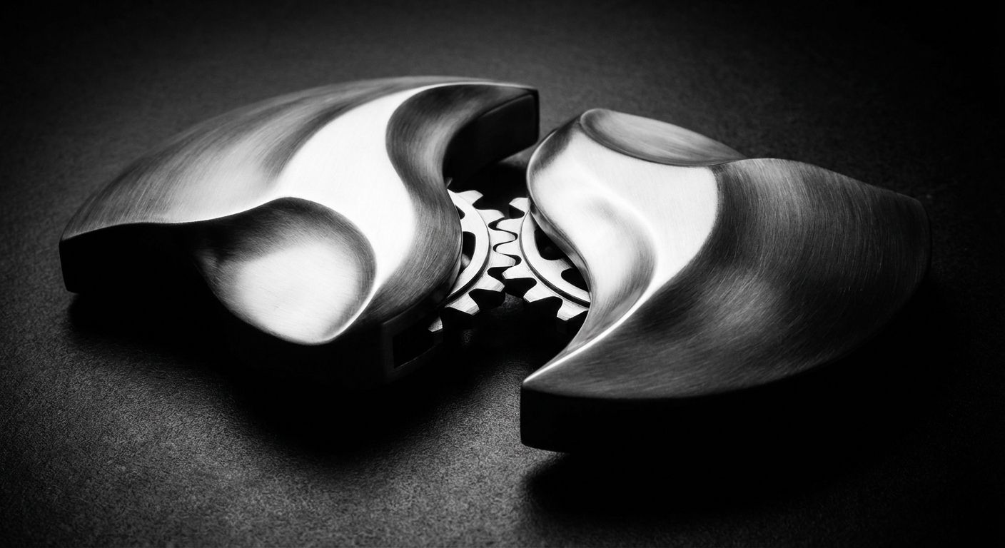 A high-contrast photograph of two intricately curved, polished metal pieces designed to perfectly interlock, one slightly separated to reveal the connection mechanism. The scene is lit with dramatic lighting, emphasizing the precision and elegance of their design.