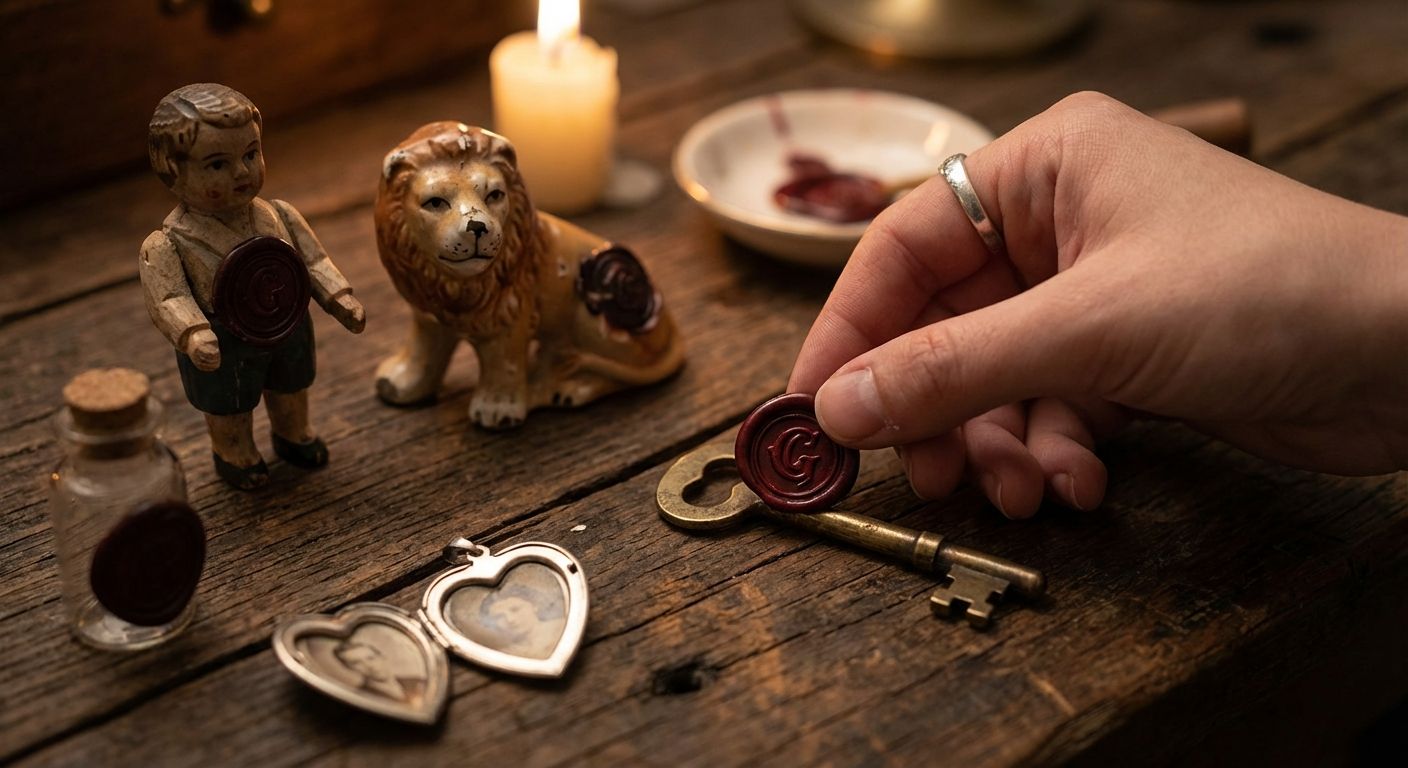 A close-up photograph of a collection of diverse, antique figurines and objects, such as a small wooden boy, a ceramic lion, and a heart-shaped locket, arranged on a rustic wooden table. A human hand is delicately applying a small, uniform wax seal onto each of these items, symbolizing a consistent grammatical addition. The scene is bathed in soft, warm light, creating a focused and slightly mysterious atmosphere.