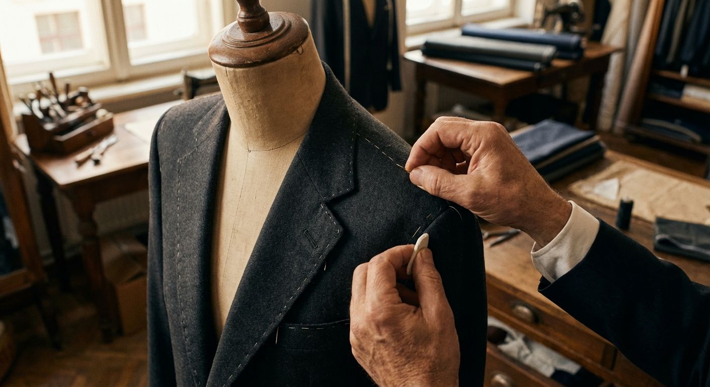 A close-up, high-angle photograph of a skilled tailor's hands meticulously adjusting the fit of a finely tailored suit jacket on a mannequin. The scene emphasizes precision and delicate work, with soft, warm light illuminating the detailed fabric and stitching in a classic European workshop setting.
