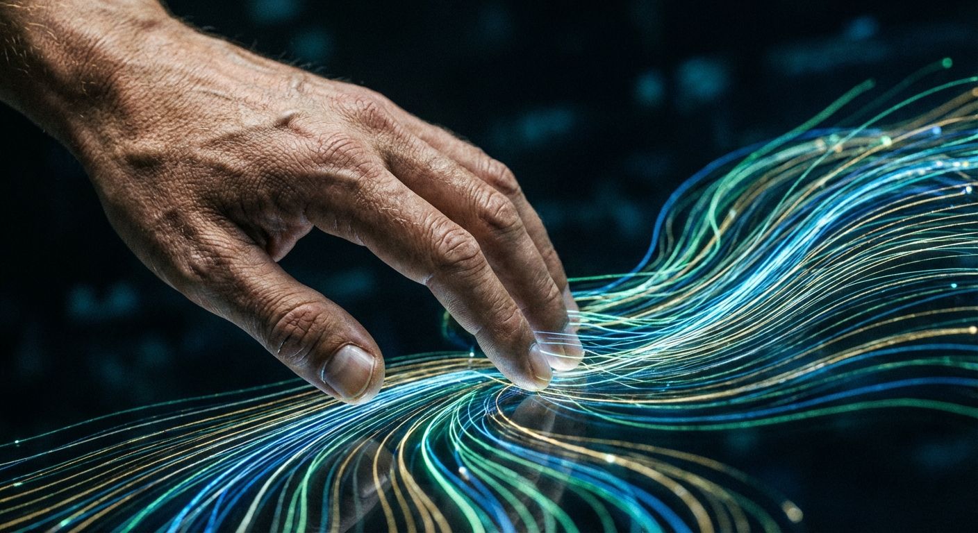 A high-contrast, close-up photograph of a human hand gently interacting with a swirling, luminous network of abstract light trails that resemble flowing data streams. The background is dark and out of focus, emphasizing the delicate connection between the individual and the expansive digital world.