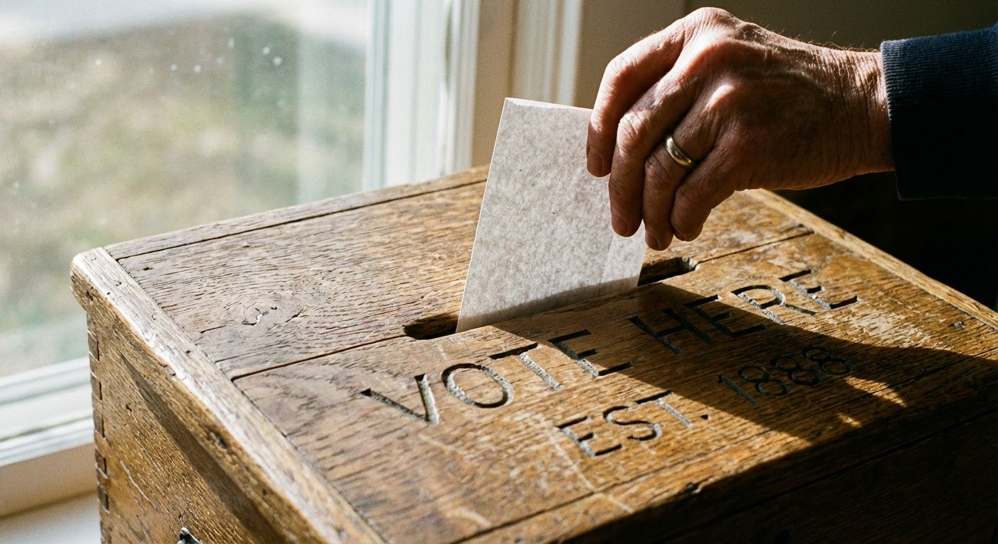 A close-up, dramatic shot of a hand casting a paper ballot into a classic wooden ballot box, emphasizing the texture of the wood and the gravity of the act. The scene is softly lit, evoking a sense of solemnity and civic participation.