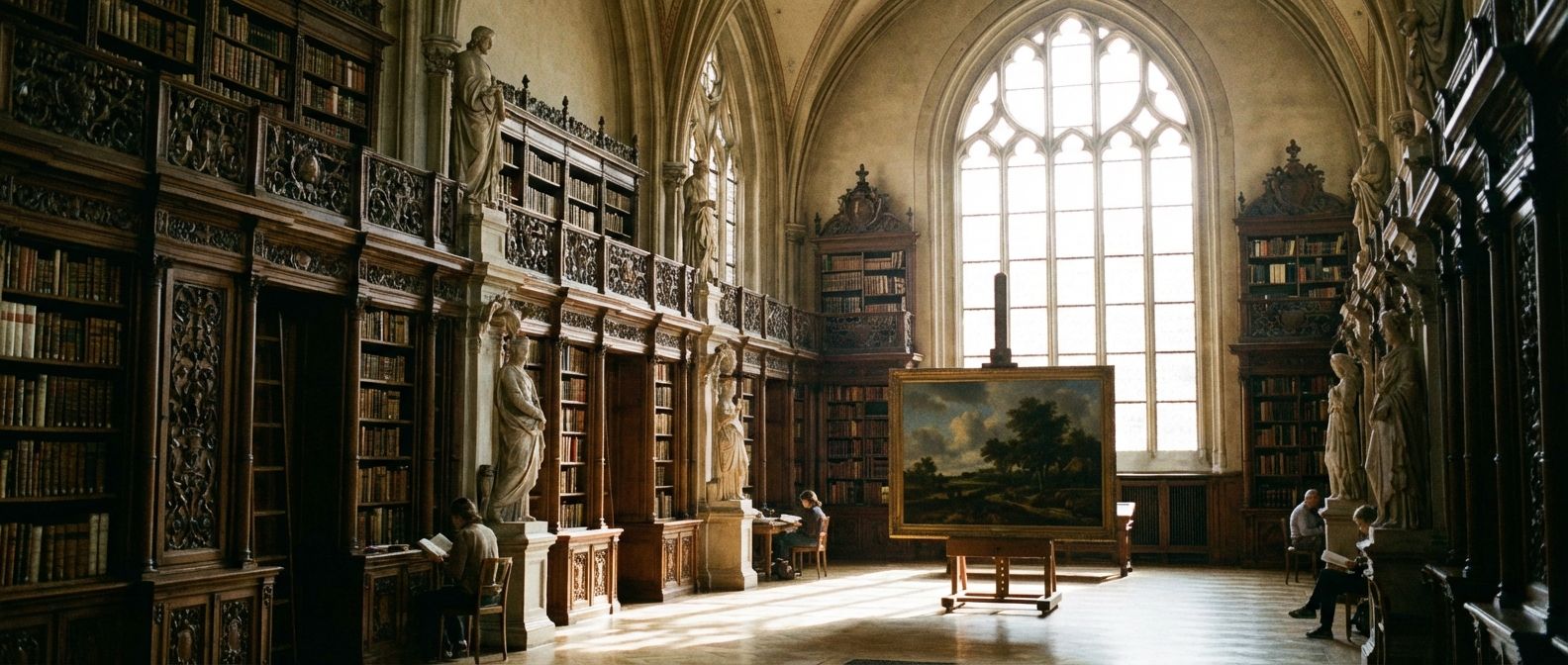 A wide, atmospheric shot inside a grand, historic German library or museum hall, featuring ornate architecture, tall wooden bookshelves filled with classical books, and a prominent old master painting on display. Sunlight streams softly through a large arched window, highlighting the rich details and quiet reverence of the scene.