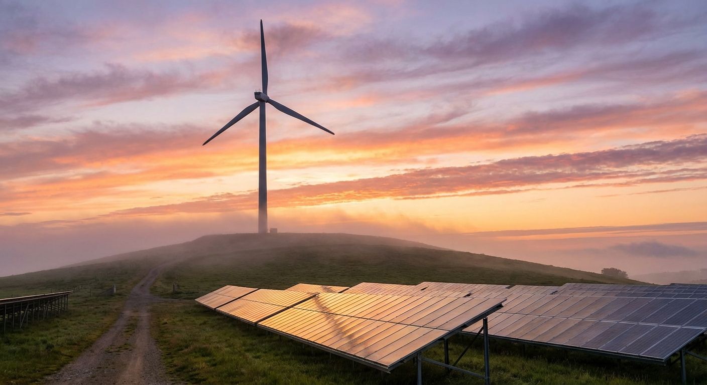 A majestic wind turbine stands tall on a rolling green hill at dawn, with a vibrant sunrise painting the sky. In the foreground, a modern solar panel array reflects the golden light, symbolizing a sustainable future.