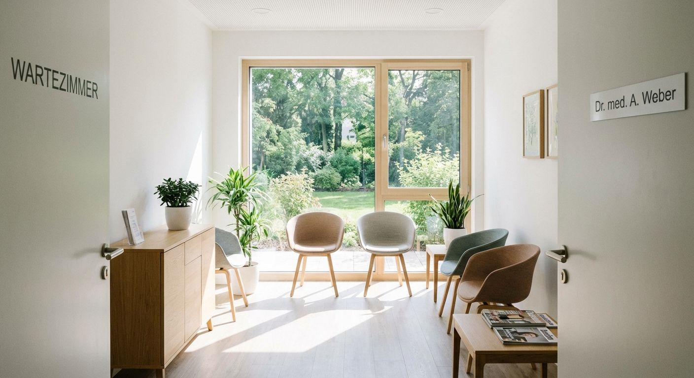 A bright, clean, minimalist doctor's office waiting room in Germany, with natural light streaming through a large window that overlooks a serene, green park or garden. The overall mood is calm and reassuring, captured in a high-quality photograph.