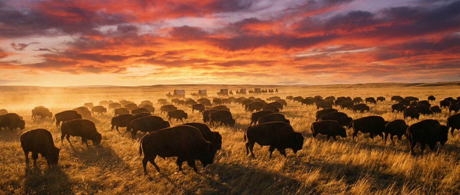 A wide-angle, cinematic photograph captures a vast herd of American bison (buffalo) grazing peacefully on the golden, windswept plains of the American West at sunset. In the far distance, a faint line of covered wagons slowly makes its way across the horizon, hinting at the approaching frontier, all under a dramatic, expansive sky.