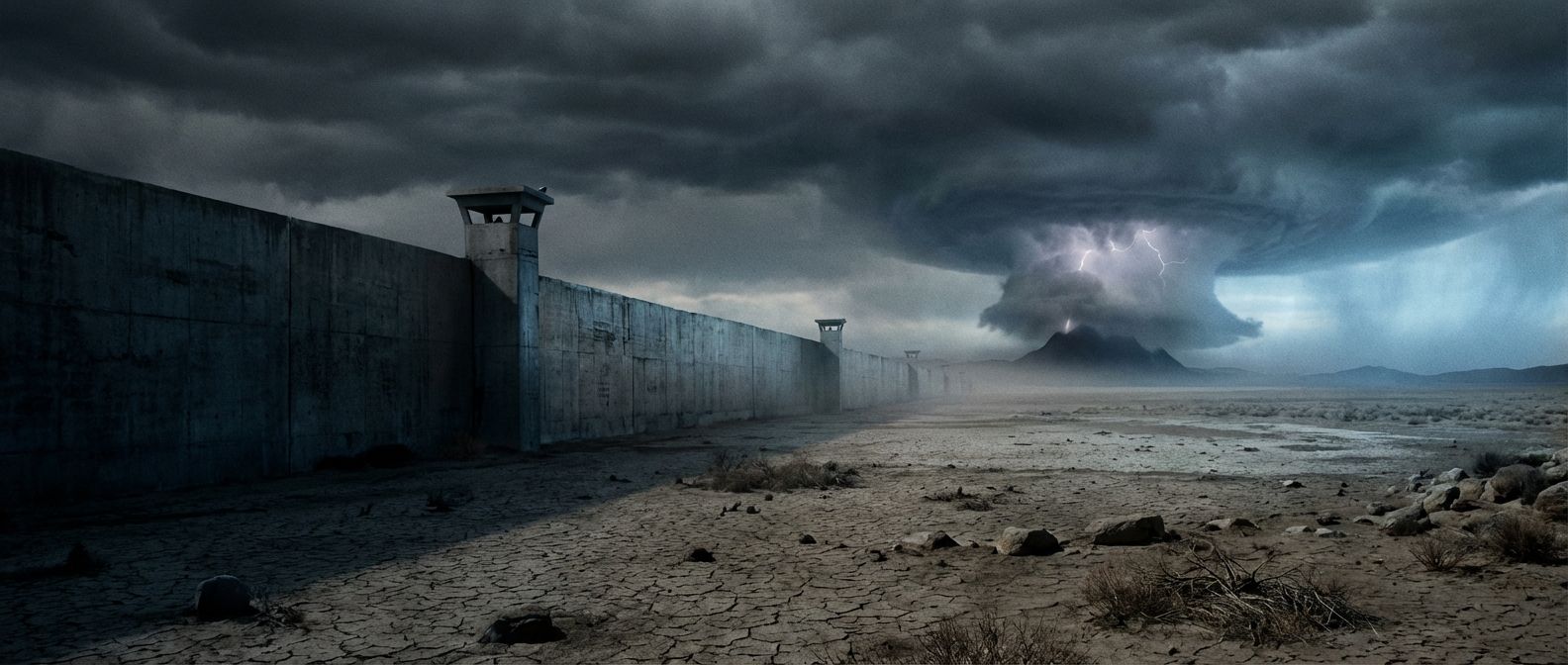 A wide, stark landscape under a dramatic, foreboding sky, dramatically bisected by a towering, imposing concrete barrier that stretches into the distant horizon. The cold, desolate ground emphasizes the deep division, with a subtle contrast in lighting on either side of the barrier. In the far distance, an ominous cloud formation hints at immense, contained power.