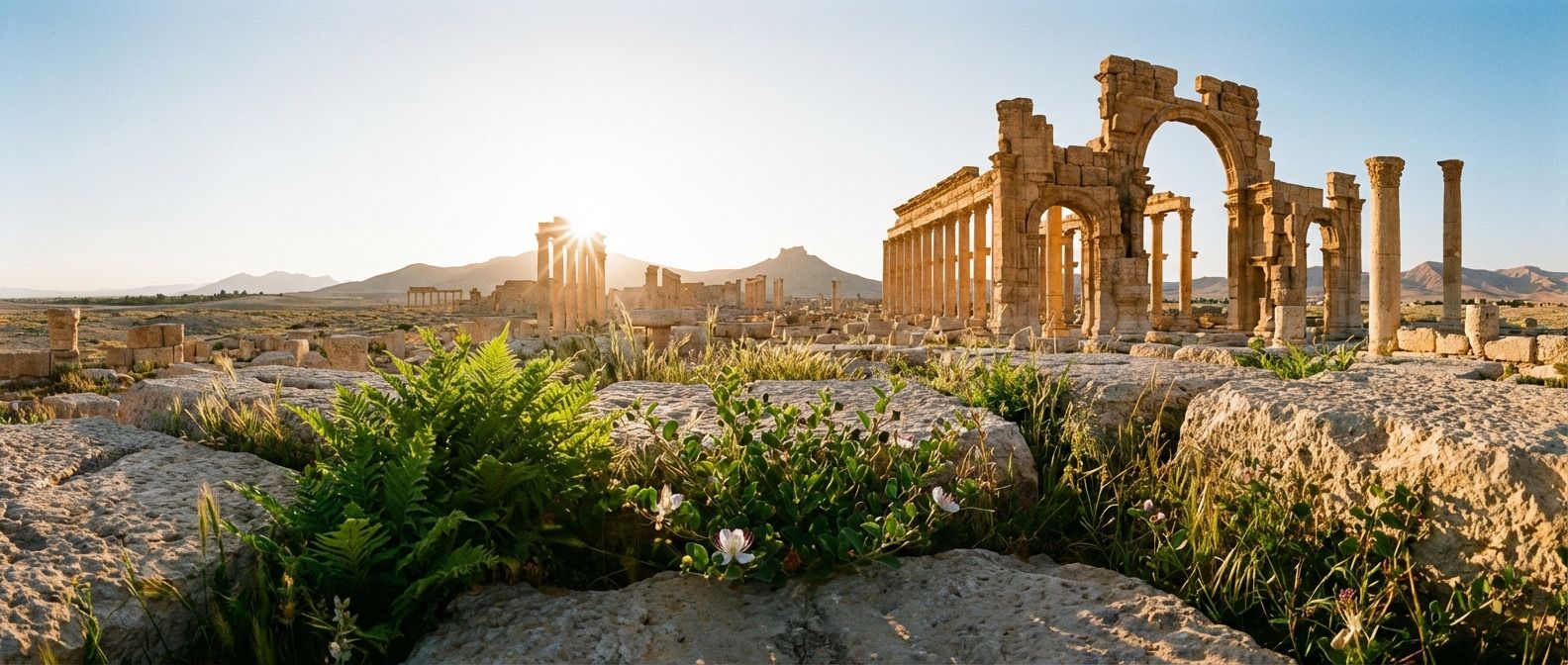 A dramatic wide-angle photograph captures ancient, weathered stone ruins in an arid Middle Eastern landscape, with vibrant new vegetation pushing through cracks in the foreground. The scene is illuminated by the harsh, clear light of a breaking dawn, emphasizing both history and new beginnings.