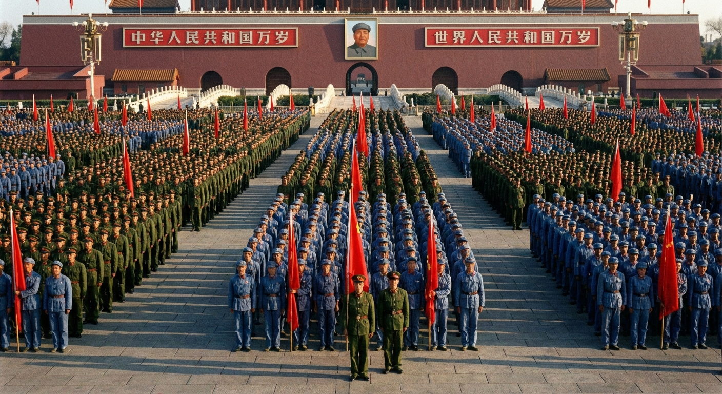 A sweeping, dramatic photograph of a vast, disciplined crowd of Chinese people, including peasants and soldiers, gathered in an iconic square, stretching into the distance under a monumental portrait of Mao Zedong. The scene conveys a sense of overwhelming unity, order, and the dawn of a new, powerful era, with stark, dramatic lighting.