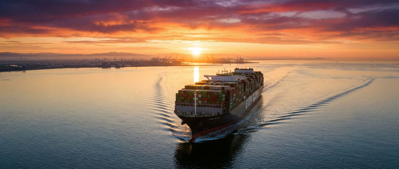 A dramatic, wide-angle photograph of a massive container ship cutting through calm waters at sunrise, with a distant, hazy coastline. The scene evokes the scale of global trade and the movement of goods.