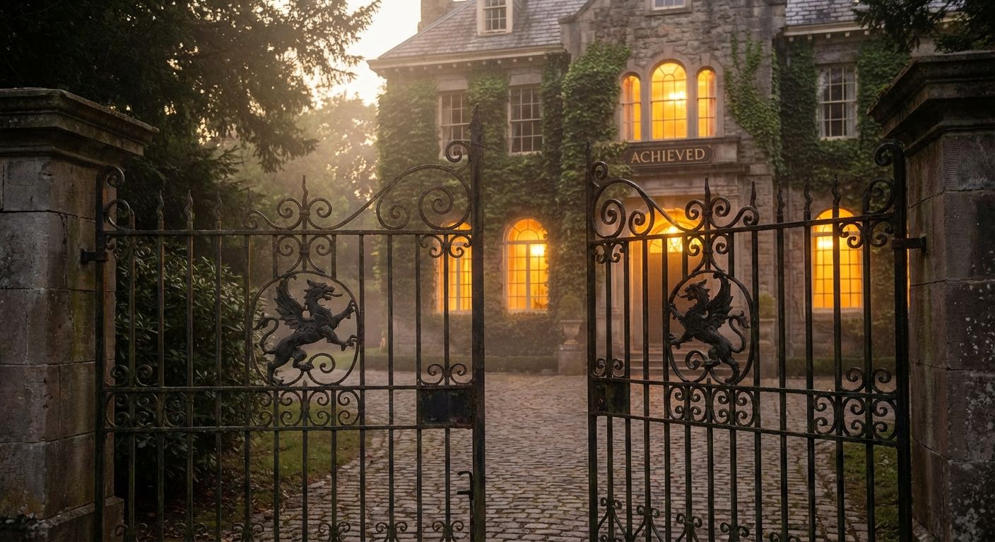 A weathered, ornate iron gate, intricately detailed with motifs reminiscent of German craftsmanship, stands before a grand, historic building. The gate is slightly ajar, revealing a warm, inviting light from within, symbolizing a new level of accomplishment. The scene is captured with soft, atmospheric lighting at dusk.