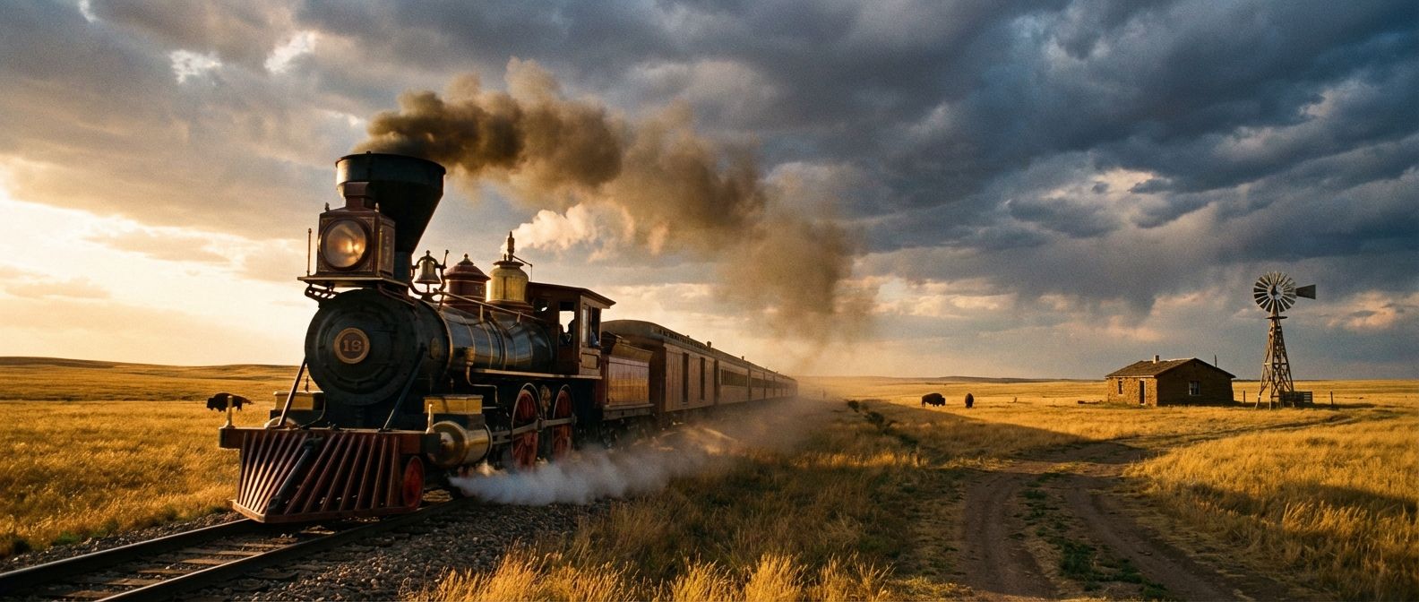 A dramatic, wide-angle photograph of a powerful steam locomotive from the 1870s, pulling a train across the vast, golden American Plains at sunset. In the far distance, a solitary sod house with a functioning windmill stands under a dramatic, cloud-filled sky, conveying both rapid development and the harsh realities of settlement in the American West.