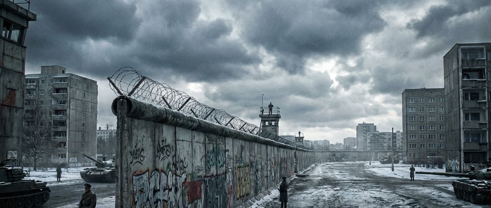 A dramatic, wide-angle photograph of a stark, imposing section of the Berlin Wall, made of weathered concrete and topped with barbed wire, stretching into the distance across a desolate, cold urban landscape. The scene is lit by the harsh, grey light of a dramatic, overcast sky, conveying the intense tension and division of the Cold War era.