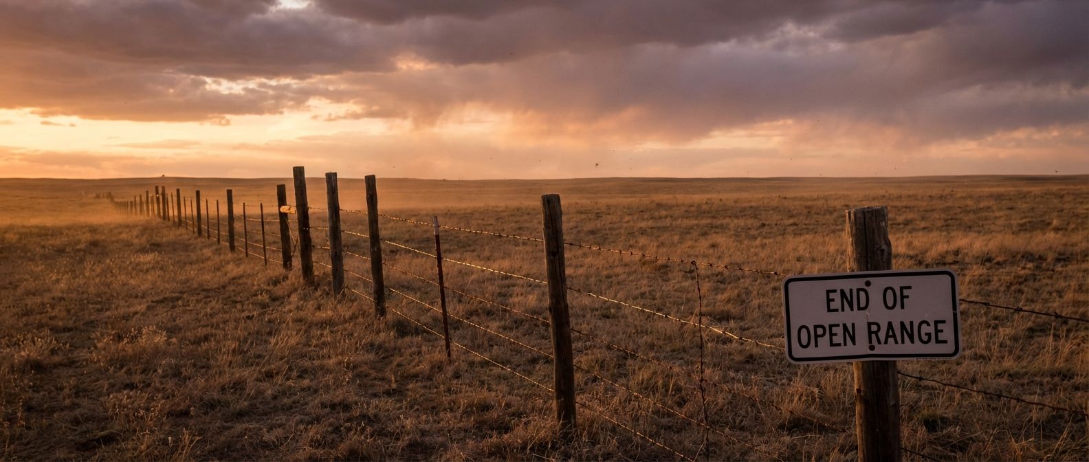 A dramatic wide-angle photograph of a weathered barbed wire fence stretching across a vast, dusty prairie under a brooding, golden hour sky. The sharp, glinting wire cuts through the raw landscape, symbolizing the division of the open range and the end of the American frontier.