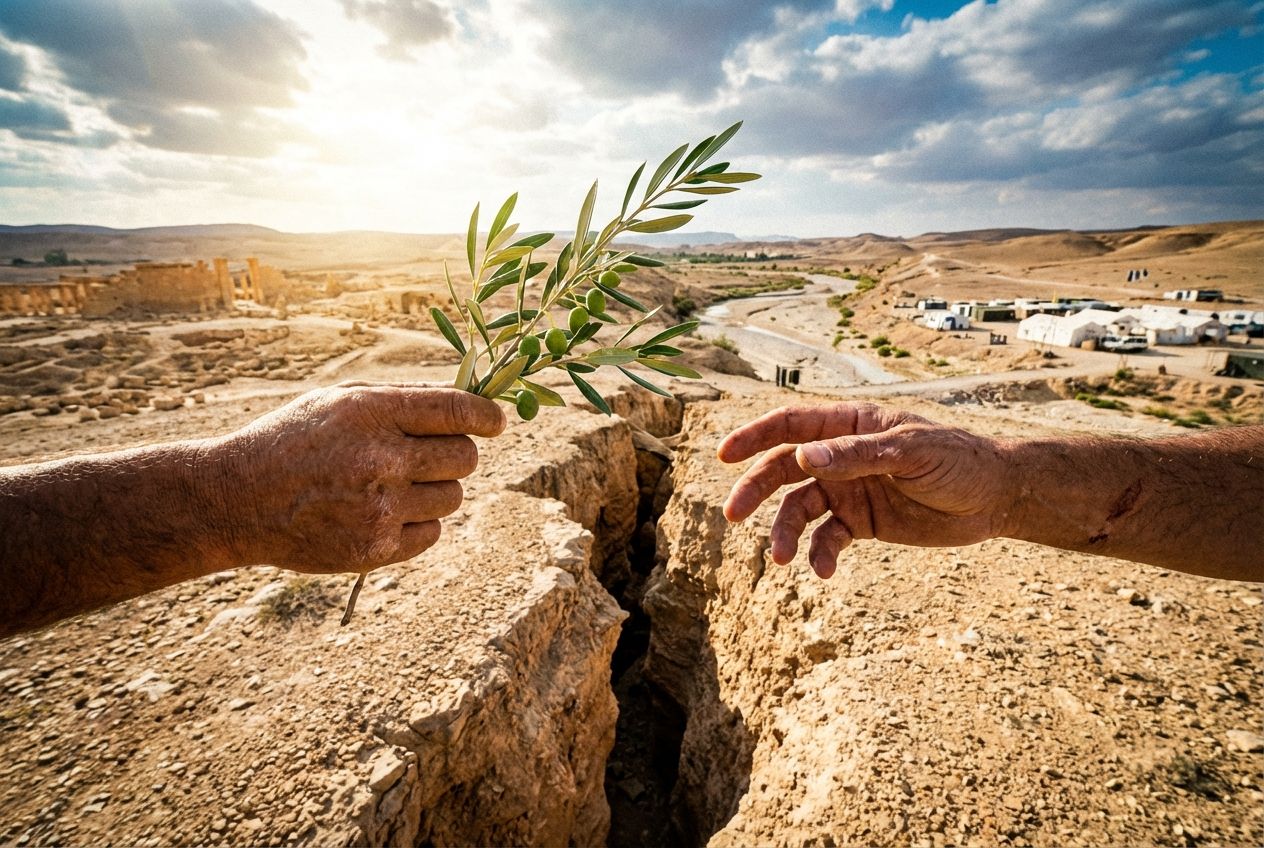 A dramatic, wide-angle photograph of two hands reaching across a visible, symbolic divide in a sun-drenched, arid landscape, composed for a 3:2 landscape frame. One hand gently holds a vibrant olive branch, extended towards the other hand which is slightly withdrawn, reflecting the fragile tension of peace negotiations in the Middle East.