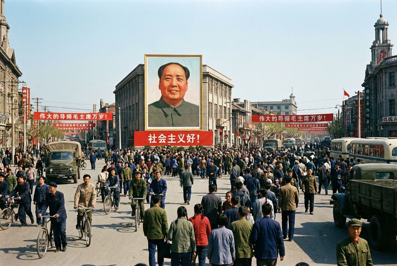 A dramatic, wide-angle photograph capturing a bustling street scene in 1960s China, dominated by a colossal, vibrant propaganda poster of Mao Zedong, his image looking over the people. Below, individuals in period attire, some on bicycles, move through the busy public space under a clear, bright sky, composed for a 3:2 horizontal frame.