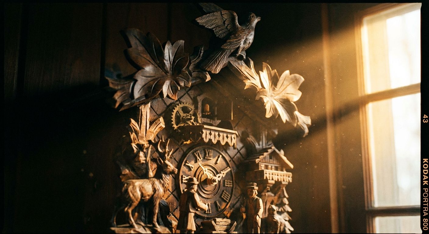 A dramatic close-up photograph of an intricately carved, traditional German cuckoo clock, its ornate details highlighted by a ray of warm, golden light streaming through a window.