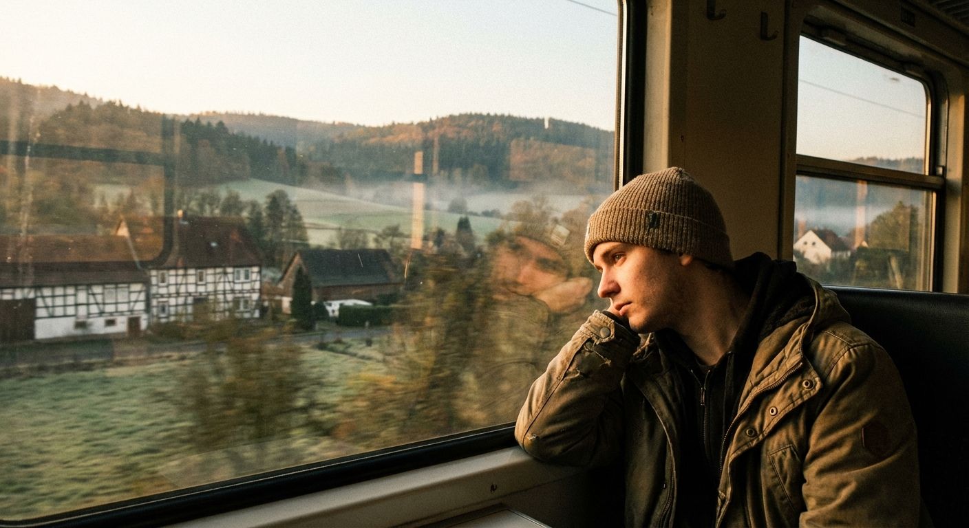 A person gazes contemplatively out of a train window as it speeds through a picturesque German countryside at dawn. The blurred landscape outside suggests rapid movement and a sense of journey and transformation, illuminated by soft, golden light.