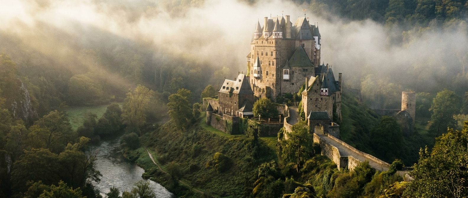 A dramatic wide-angle photograph of a majestic, ancient German castle, partially shrouded in a soft morning mist with sunbeams just breaking through, evoking a sense of enduring history and 'what once was'.