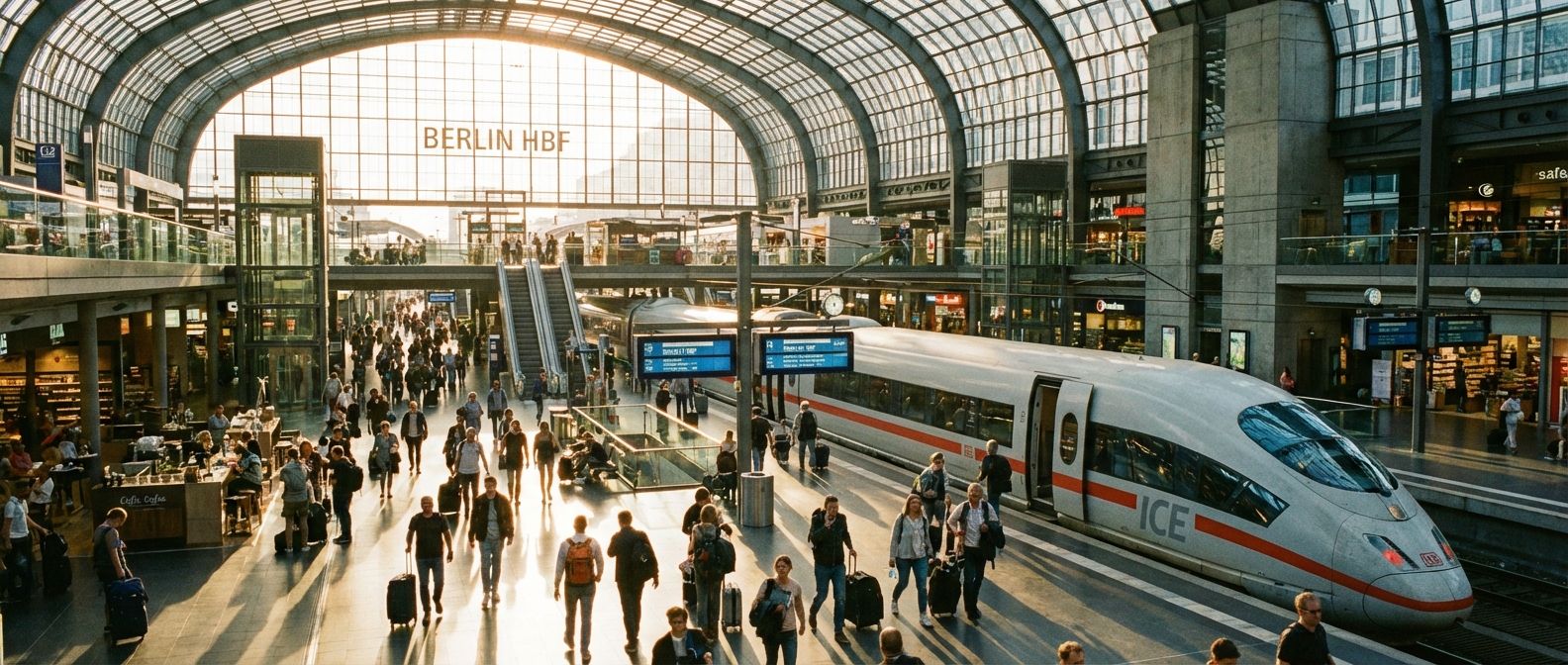 A wide-angle, vivid photograph inside a modern, bustling German train station, with a high-speed train waiting at a platform. Golden hour light streams through large windows, illuminating travelers moving through the grand concourse.