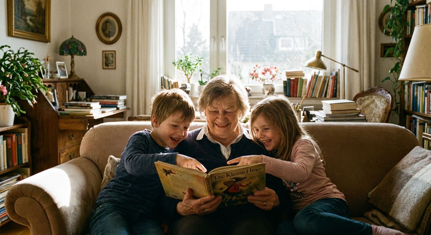 A candid photograph of a German grandmother warmly reading a storybook to two children, who are eagerly listening, gathered around her in a cozy, sunlit living room. The scene beautifully captures the act of giving and receiving attention and stories.