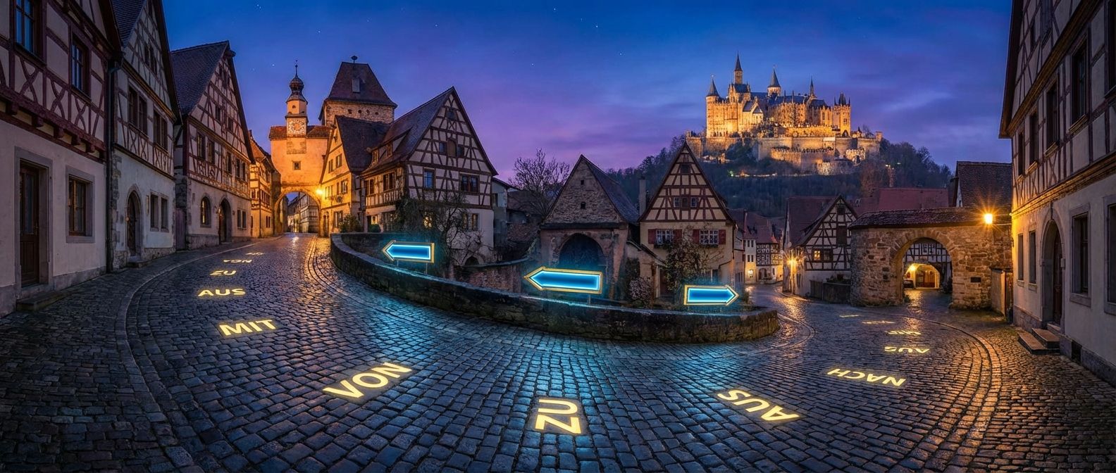A dramatic, wide-angle photograph captures a winding cobblestone path through a charming German village, leading towards a majestic, distant castle under a twilight sky. The clear, well-trodden path visually represents the structured connections and directions established by dative prepositions.