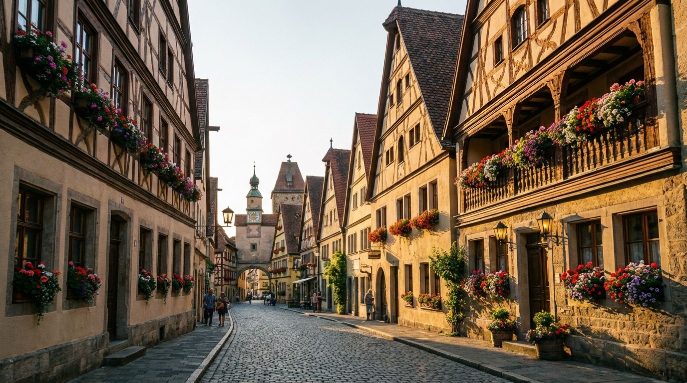 A dramatic wide-angle photograph of a picturesque street in a charming German town, featuring a row of traditional houses and apartment buildings with vibrant window boxes, visible balconies, and distinct roofs. Golden hour sunlight bathes the scene, highlighting architectural details and creating a warm, inviting atmosphere.