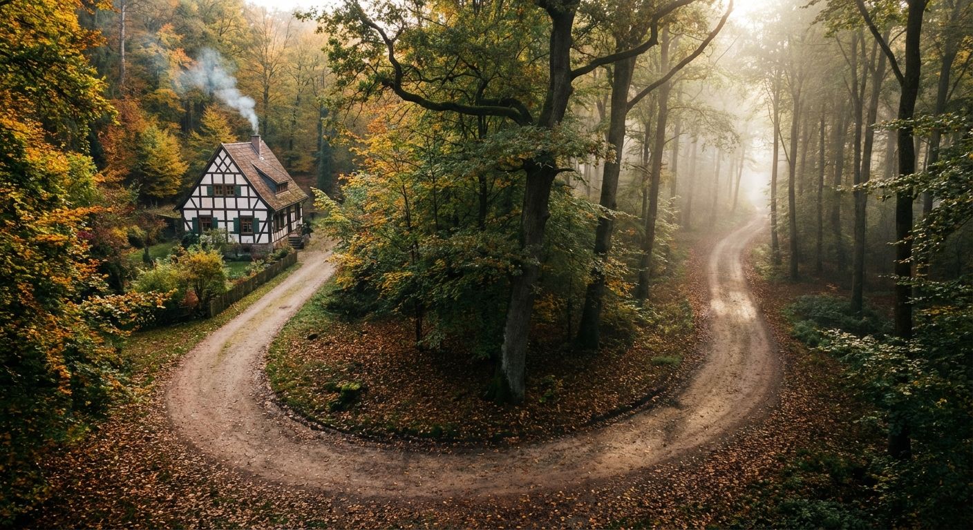 A dramatic, high-angle photograph of a winding forest path in a scenic German landscape, splitting into two distinct directions. One path leads towards a charming, static old German cottage nestled among the trees, while the other continues dynamically deeper into the misty woods, implying movement and journey.