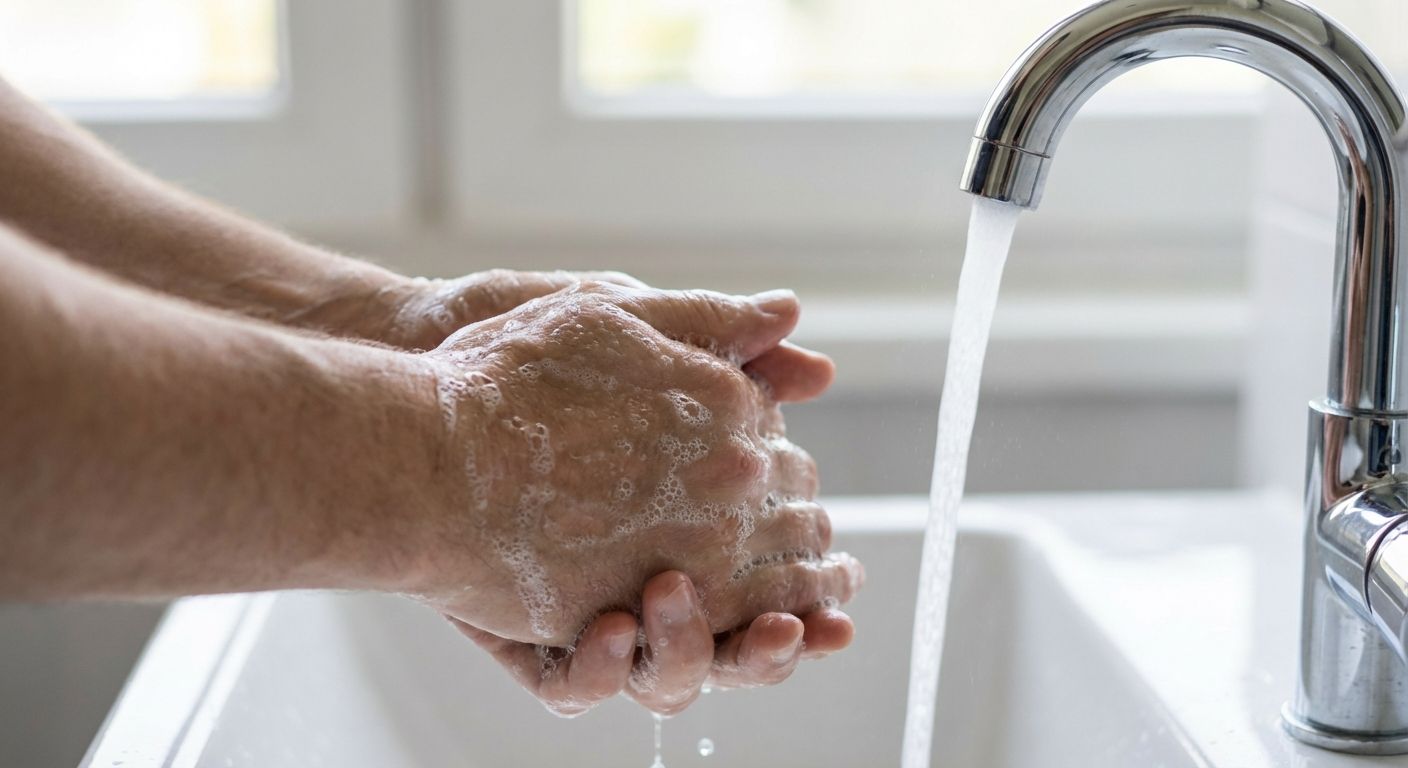 An extreme close-up photograph of hands glistening with water and soap, vigorously washing under a stream of water from a modern, sleek faucet in a bright, clean bathroom, emphasizing a personal daily ritual.