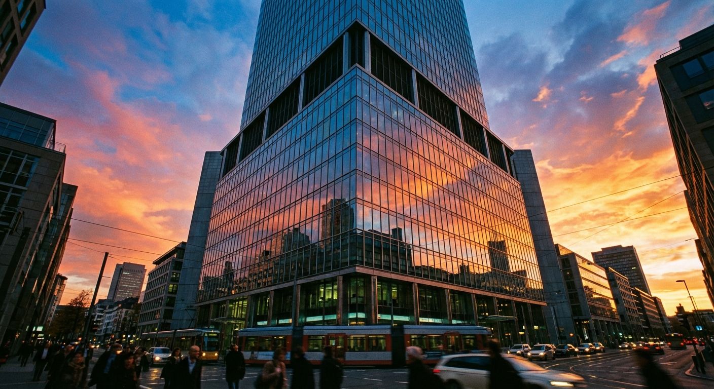 A dramatic, low-angle photograph of the sleek, glass and steel facade of a modern corporate headquarters in Frankfurt, Germany, reflecting a vibrant city sky at dawn, embodying the dynamism of German business and professional life.