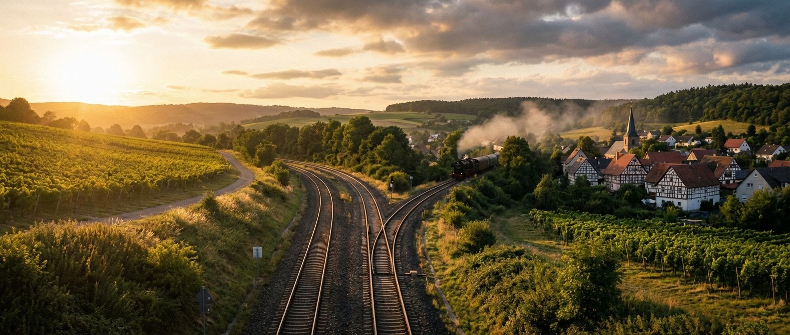A wide-angle, dramatic photograph of two train tracks gracefully converging into a single track, leading through a picturesque German landscape towards a charming village nestled in the distance. The golden hour sun casts long shadows, highlighting the sense of connection and a journey reaching its final, deliberate destination.