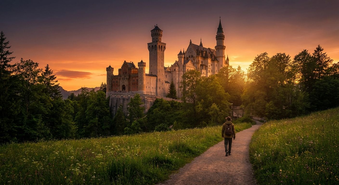 A dramatic photograph of a majestic German castle, like Neuschwanstein, bathed in the golden light of sunset, symbolizing a singular, memorable past event. In the foreground, a winding path leads through a vibrant green meadow, with a lone figure strolling casually, evoking the idea of repeated journeys and future possibilities.